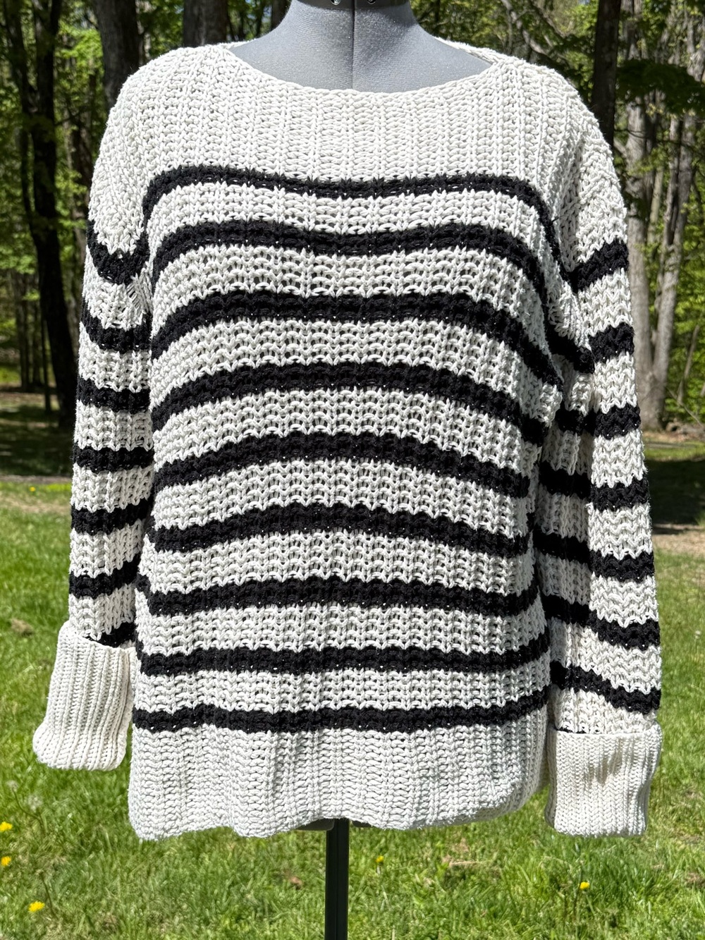 Striped Open-Knit Crewneck Sweater in Black & White